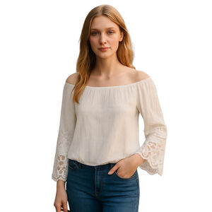 Lulumari Crop Top Womens L White Lace Off Shoulder Bell Sleeve Gauze Boho Fairy